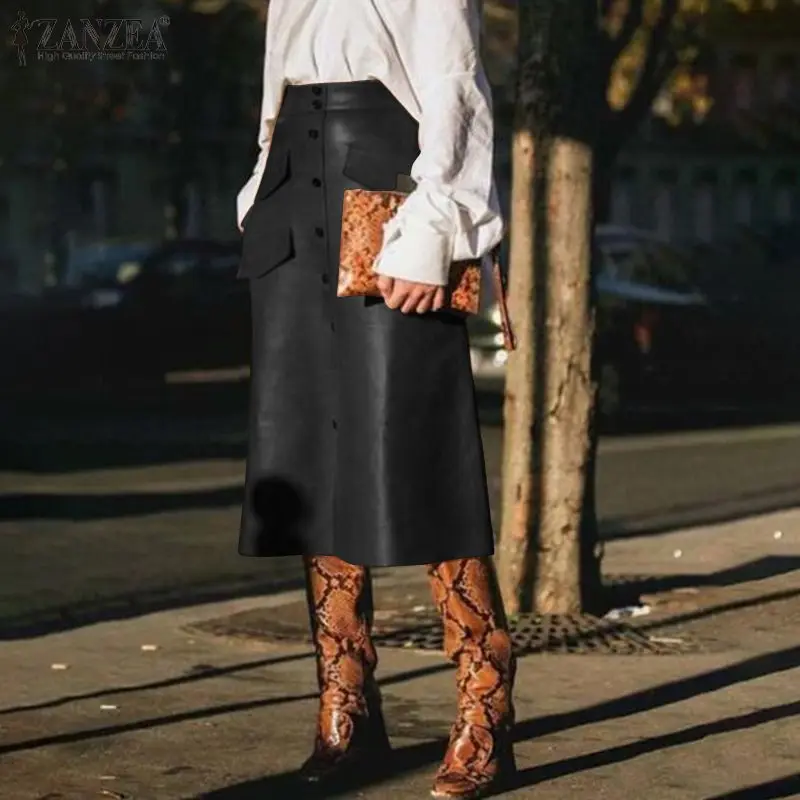 2020 ZANZEA Spring Women Faux Leather PU Skirt Stylish High Waist Office Lady Midi Pencil Knee-Length Womens | Женская одежда