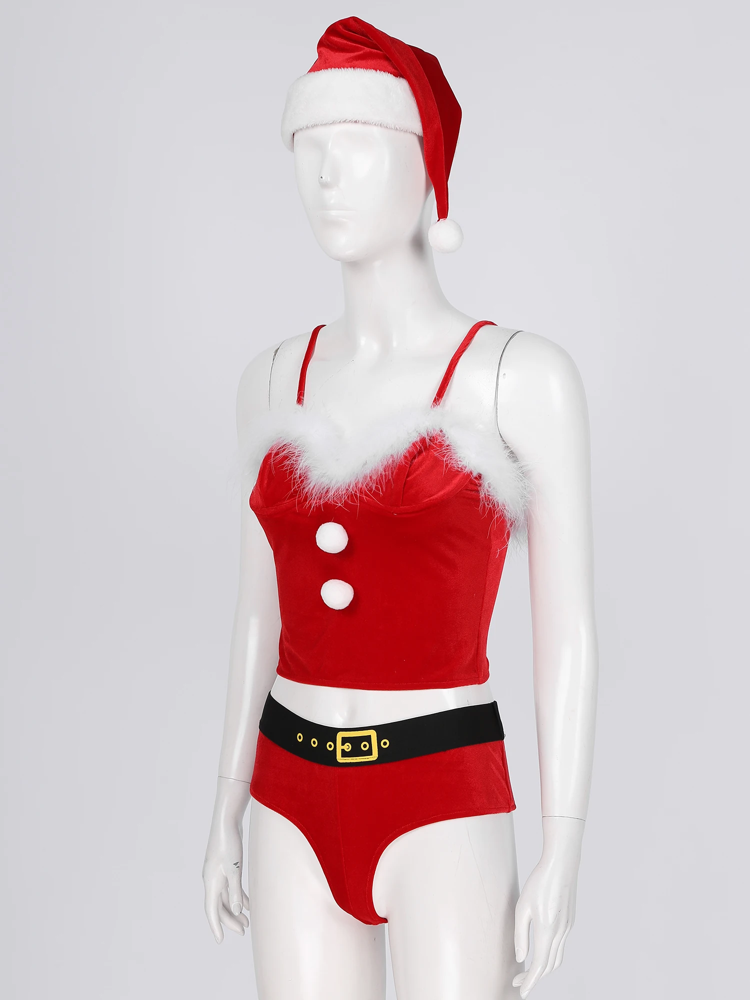 Women Christmas Santa Cosplay Costume Adjustable Spaghetti Straps Faux Fur Pompoms Adorned Tops with Briefs and Hat Set
Women Christmas Santa Cosplay Costume Adjustable Spaghetti Straps Faux Fur Pompoms Adorned Tops with Briefs and Hat Set