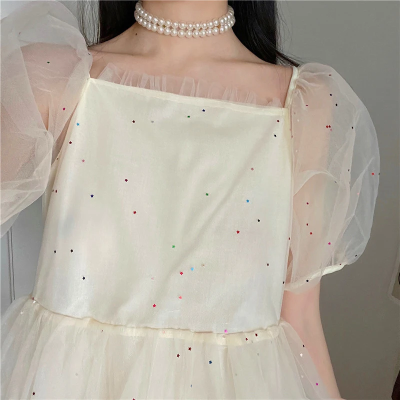 Summer Fairy Loose Mesh Lace Dress Women Sweet Girly Style Square Collar Puff Sleeve Midi Dresses Vestidos Kawaii Lolita Dress
Summer Fairy Loose Mesh Lace Dress Women Sweet Girly Style Square Collar Puff Sleeve Midi Dresses Vestidos Kawaii Lolita Dress