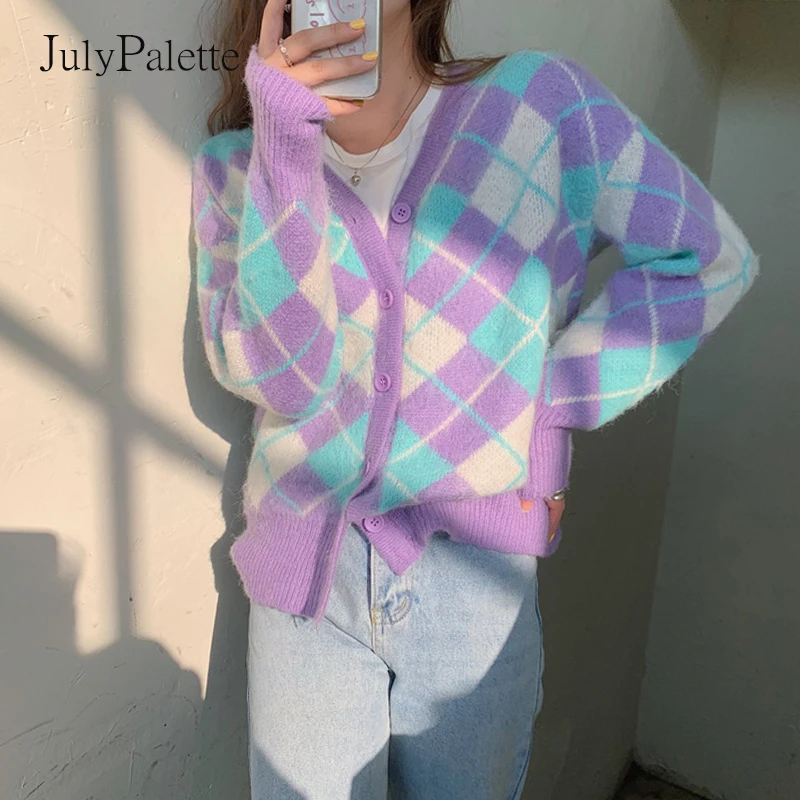 Julypalette Casual Argyle V-neck Knitted Cardigan Purple Single-breasted Female Long Sleeve Sweater Coats 2021 Autumn Knit Coats
Julypalette Casual Argyle V-neck Knitted Cardigan Purple Single-breasted Female Long Sleeve Sweater Coats 2021 Autumn Knit Coats