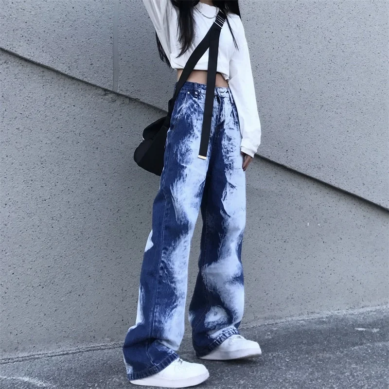 

2021 Casual Streetwear Bleached High Waist Full Length Washed Jeans Women Straight Boyfriend Denim Pants Vaqueros Mujer