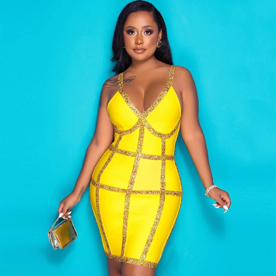 Hot Sale Ladies Summer Sexy Yellow c V-neck Shiny Bodycon Bandage Dress 2022 Elegant Nightclub Party Dress Vestidos
Hot Sale Ladies Summer Sexy Yellow c V-neck Shiny Bodycon Bandage Dress 2022 Elegant Nightclub Party Dress Vestidos