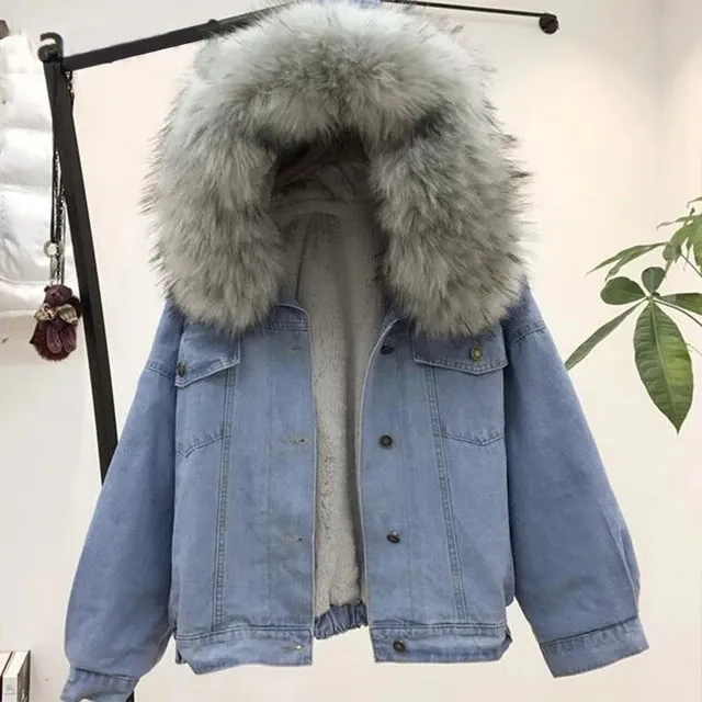 Fashion Women Faux Leather Thick Jean Jacket Female Fur Collar Denim Coat Fleece Hooded Warm Winter Outwear | Женская одежда
