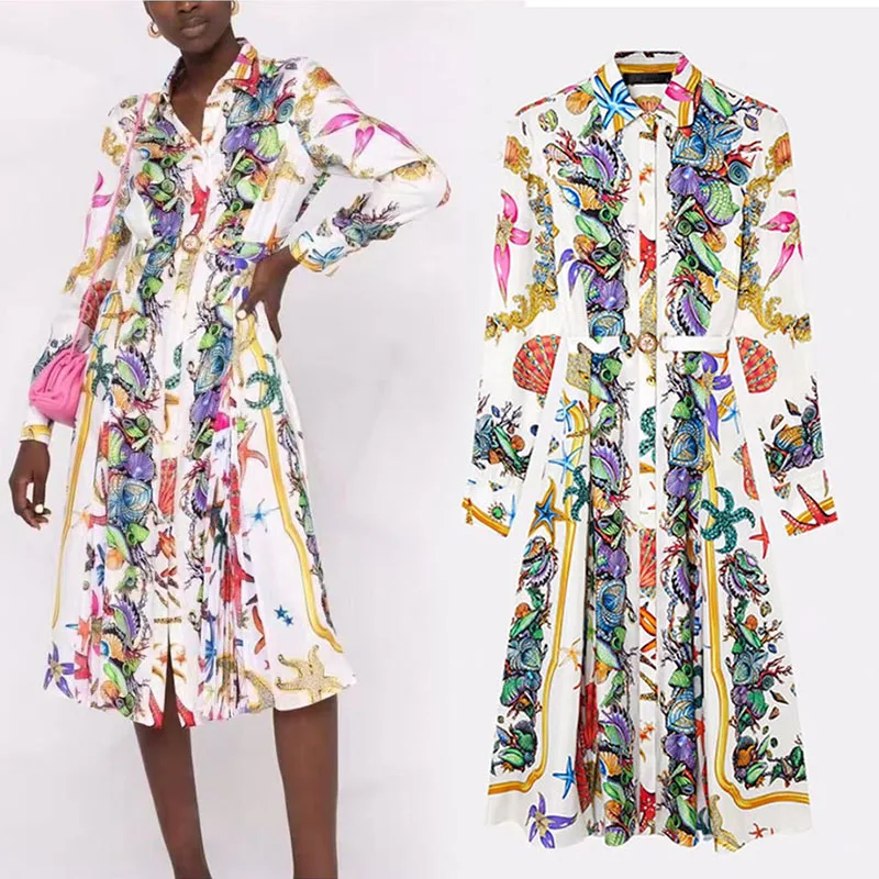 Luxury Designer high end branded dresses women Starfish Shell Print Starfish Buckle Waist belt Long Sleeve party woman Dress S-L
Luxury Designer high end branded dresses women Starfish Shell Print Starfish Buckle Waist belt Long Sleeve party woman Dress S-L