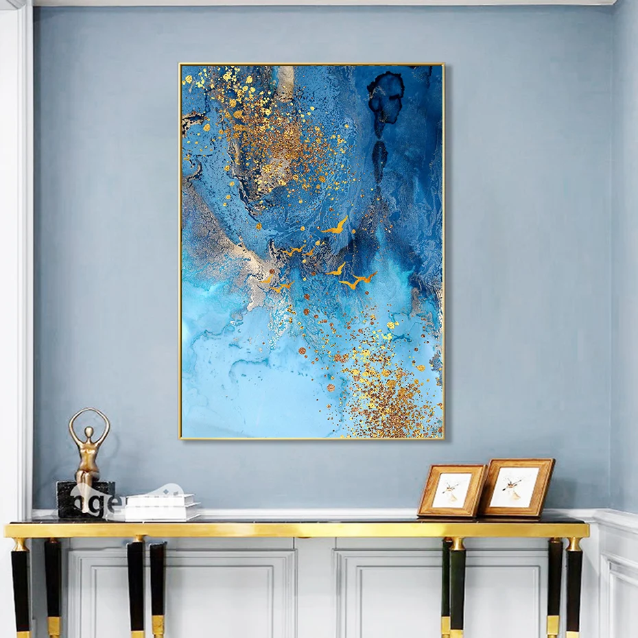 Современная Абстрактная Золотая синяя мраморная текстура холст картины постеры