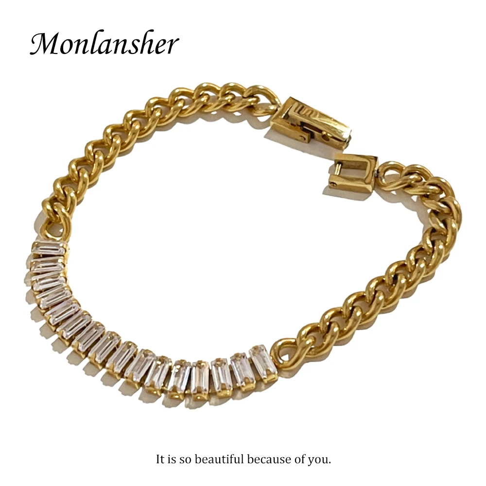 Monlansher Gold Color Titanium Steel Chain AAA Cubic Zirconia Spliced Bracelet Stylish Luxury Charm Bracelets Jewelry for Women
Monlansher Gold Color Titanium Steel Chain AAA Cubic Zirconia Spliced Bracelet Stylish Luxury Charm Bracelets Jewelry for Women
