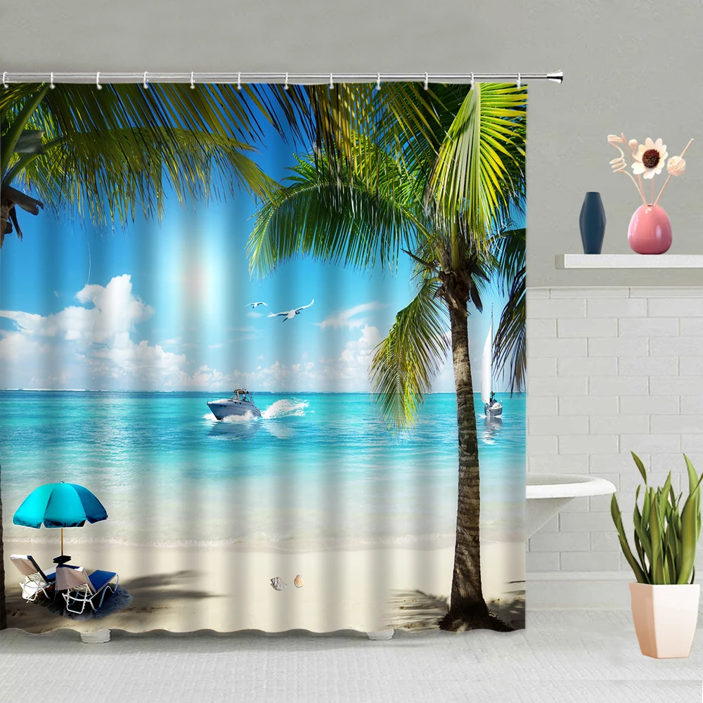 

Ocean Landscape Shower Curtain Dolphin Seagull Island Beach Coconut Tree Boat Natural Scenery Bathroom Shower Curtains With Hook