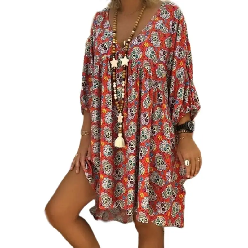 

Women Plus Size V-Neck 3/4 Sleeves Loose Flowy T-Shirt Dress Halloween Skull Floral Casual Flared Party Tunic Sundress S-5XL