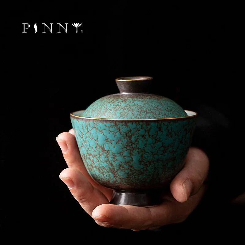 

PINNY 120ML Ceramic Turquoise Glaze Gaiwan Retro Kung Fu Tea Bowl Traditional Chinese Drinkware Pigmented Tea Tureen