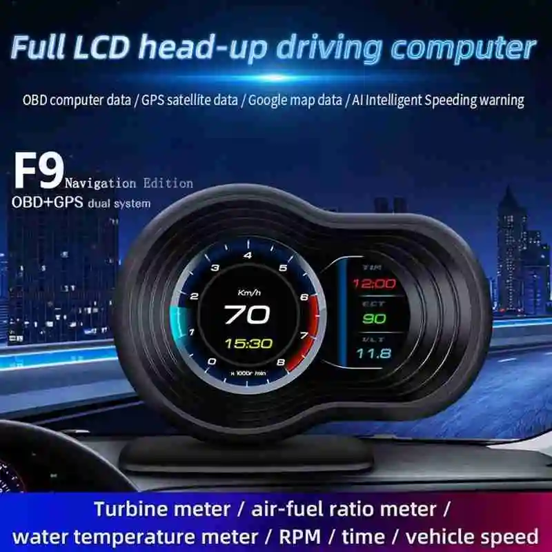 

F9 OBD2 + GPS умный Автомобильный дисплей на лобовое стекло Спидометр напряжение расход топлива датчик воды масла Температура спидометра автома...