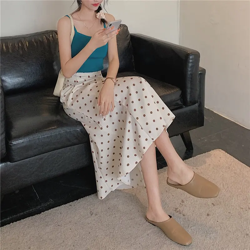 

Harajuku Polka Dots Brief Stylish Women Hot Korean Office Lady Minimalist New Fashion Sweet Loose All Match Long Skirts