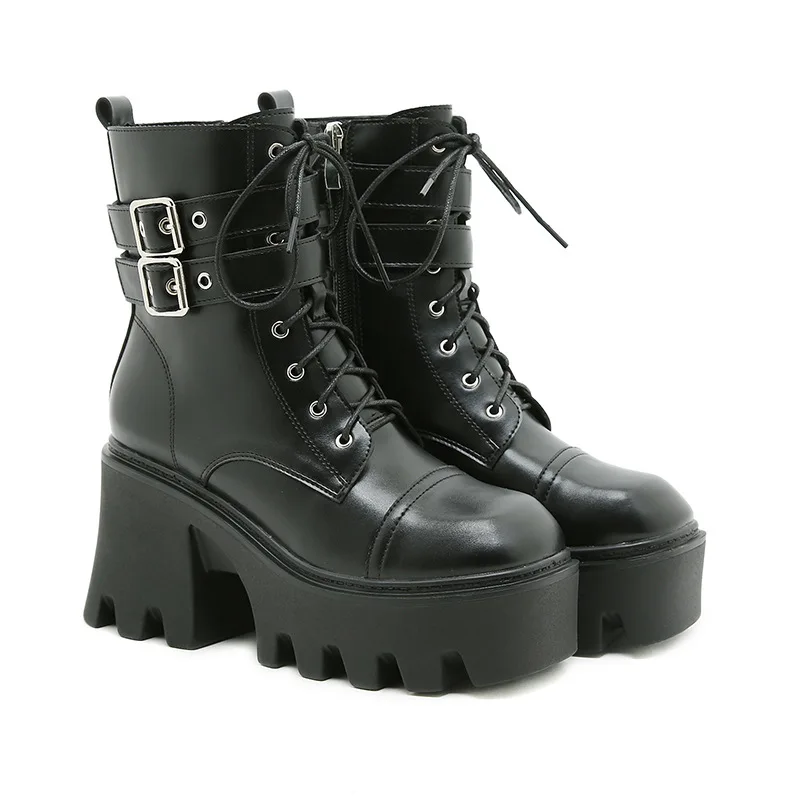 Winter New Fashion Waterproof Platform Belt Strap Black Boots Shoes for Women