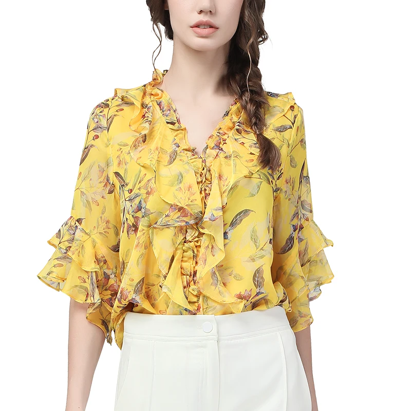 Fashion Yellow Floral Chiffon Tops Women Summer Short Sleeve V-Neck Ruffles Blouses Loose Plus Size Korean All-Match Ladies Top
Fashion Yellow Floral Chiffon Tops Women Summer Short Sleeve V-Neck Ruffles Blouses Loose Plus Size Korean All-Match Ladies Top
