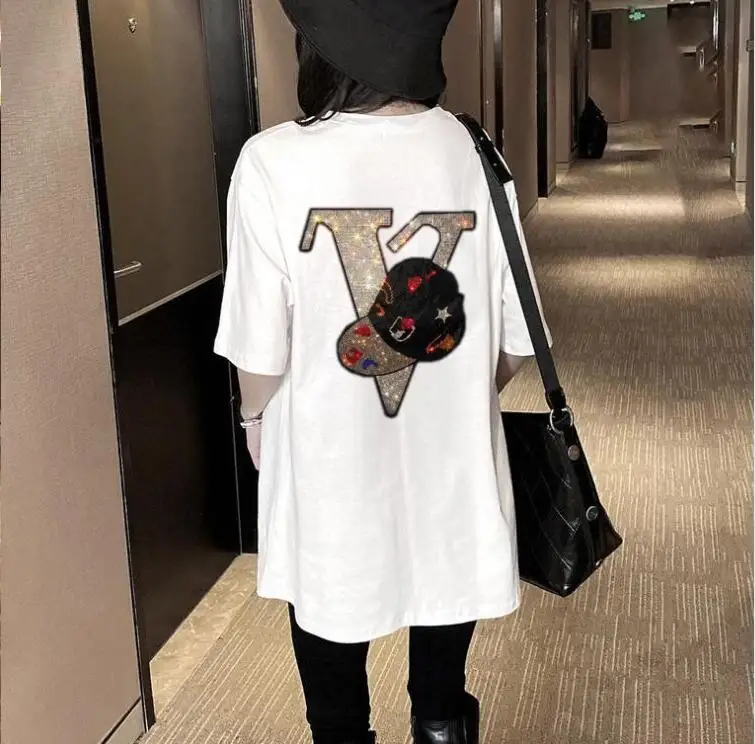 Girls Hot designer Women T-Shirt Diamonds fashion women T Shirt black O-neck Tees cotton plus size Tops tee
Girls Hot designer Women T-Shirt Diamonds fashion women T Shirt black O-neck Tees cotton plus size Tops tee