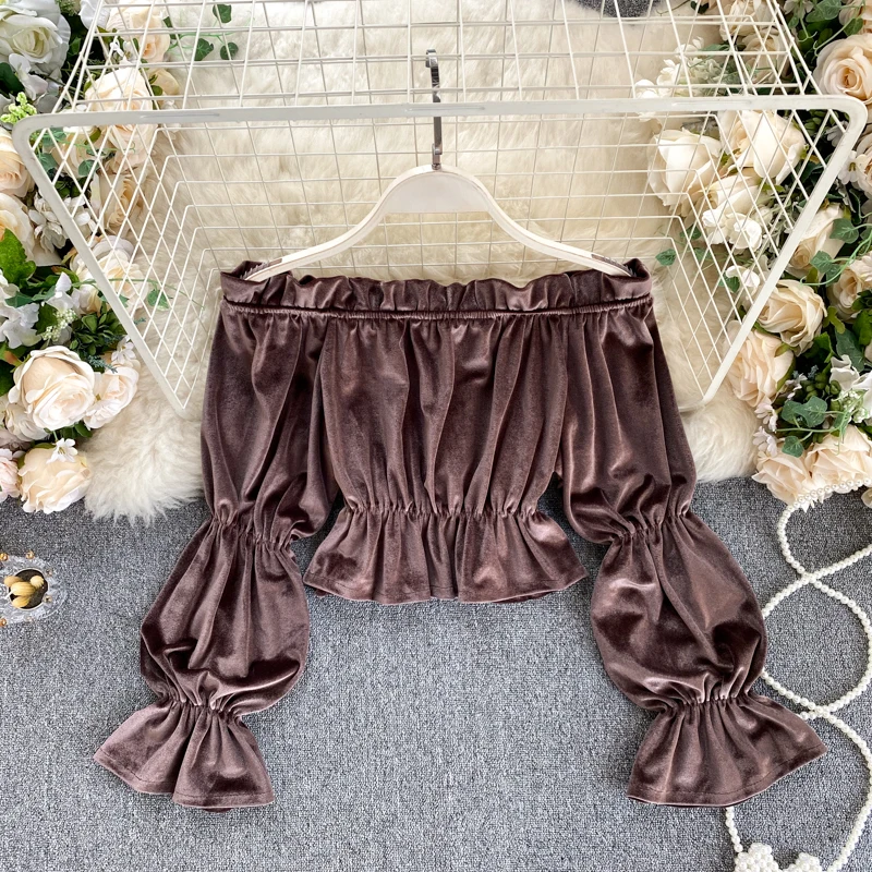 Retro Velour Women Blouse Autumn Elastic Slim Slash Neck Solid Short Tops Elegant Off Shoulder Streetwear Velvet Blouse DZA460
Retro Velour Women Blouse Autumn Elastic Slim Slash Neck Solid Short Tops Elegant Off Shoulder Streetwear Velvet Blouse DZA460