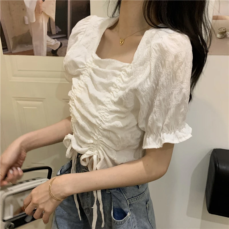 Женская футболка на завязках, белая футболка с квадратным вырезом и пышными рукавами, дизайнерский топ с коротким рукавом для лета, 2021
Женская футболка на завязках, белая футболка с квадратным вырезом и пышными рукавами, дизайнерский топ с коротким рукавом для лета, 2021