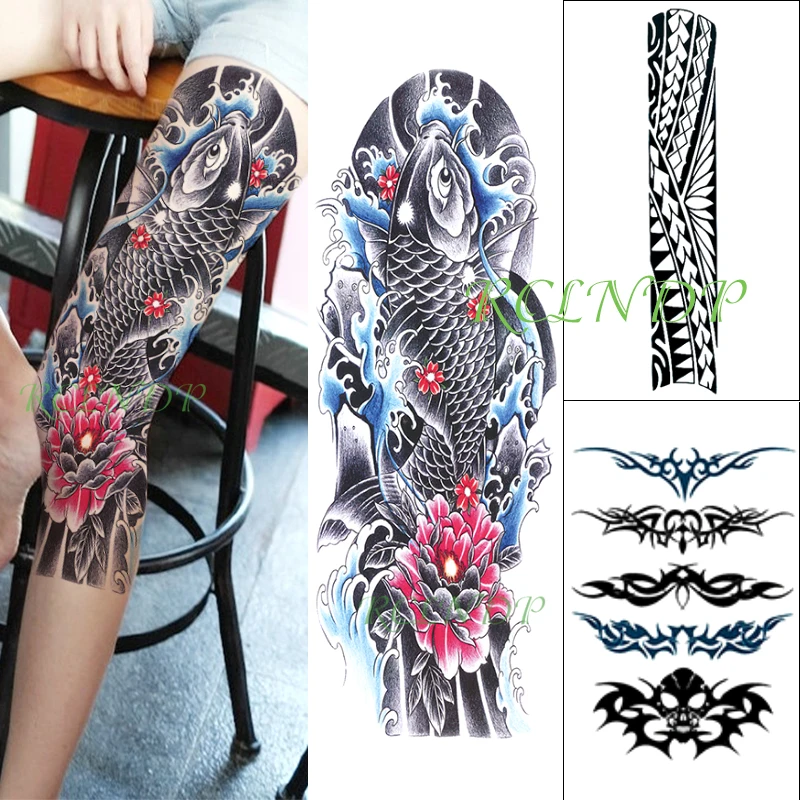 

3 pcs Waterproof Temporary Tattoo Stickers set Carp Wave Flower Tribal Totem Full Arm Flash Tatto Fake Tatoo for Men Women