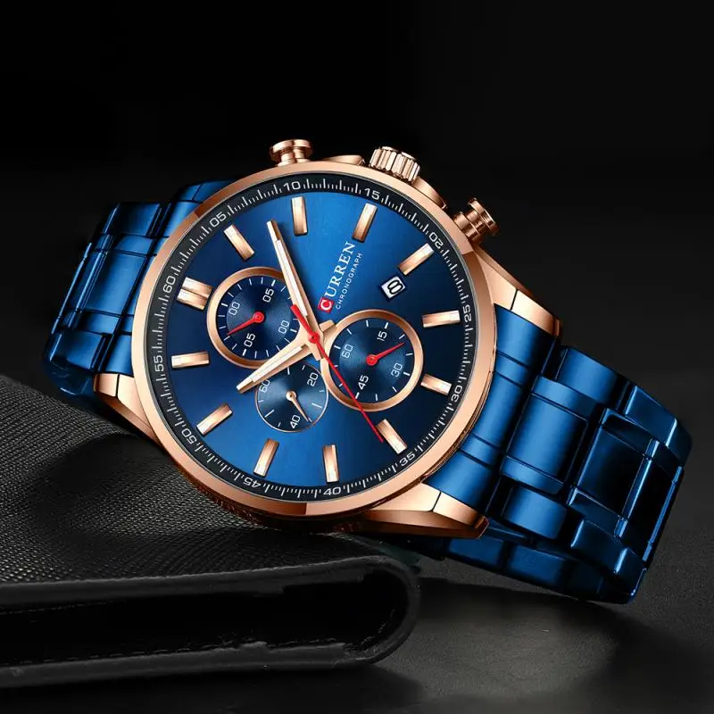 

Curren Mens Watch Causal Sport Watches Top Luxury Brand Blue Full Steel Quartz Wristwatch Chronograph Military Male Clock