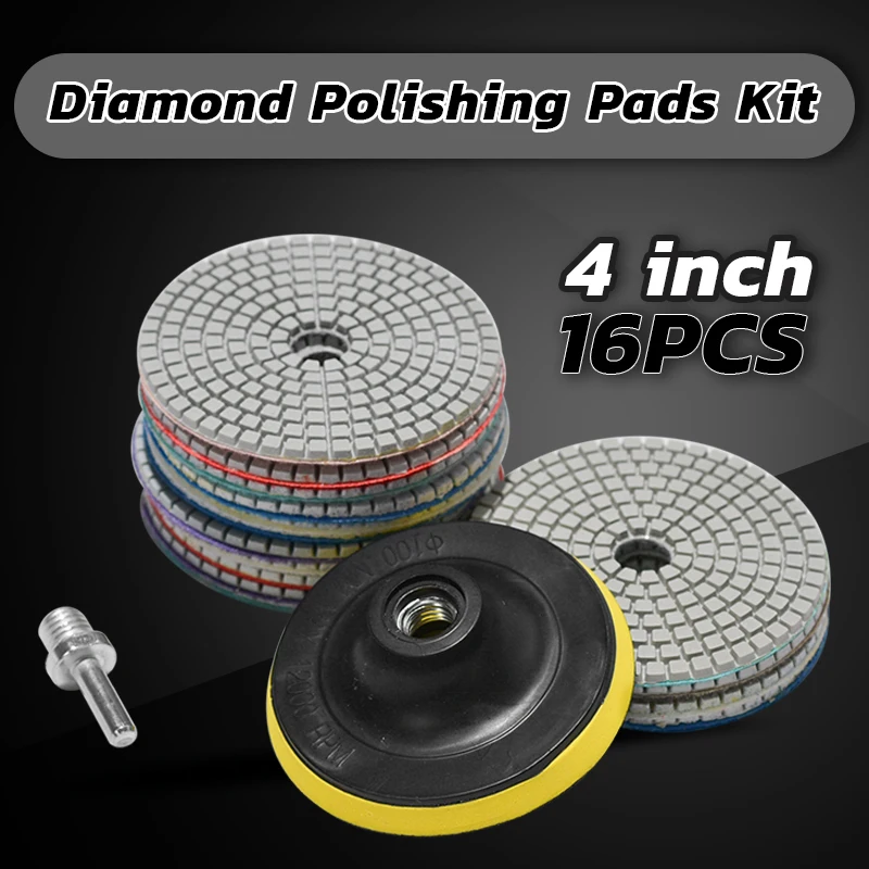 16pcs Diamond Polishing Pads Kit 4 inch 100mm Wet Dry for Granite Stone Concrete Marble Polishing Use Grinding Discs Set
16pcs Diamond Polishing Pads Kit 4 inch 100mm Wet Dry for Granite Stone Concrete Marble Polishing Use Grinding Discs Set