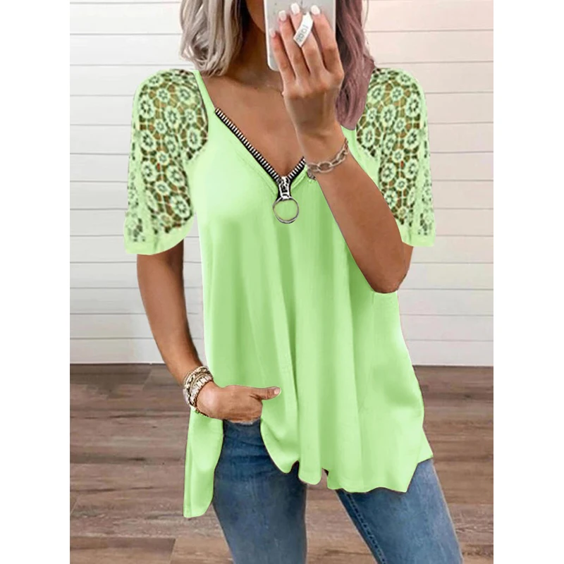 Lace Patchwork Short Sleeve Shirt Women Summer Sexy Zipper V Neck Casual Elegant T Shirt Fashion Plus Size Solid Loose Top Tees
Lace Patchwork Short Sleeve Shirt Women Summer Sexy Zipper V Neck Casual Elegant T Shirt Fashion Plus Size Solid Loose Top Tees