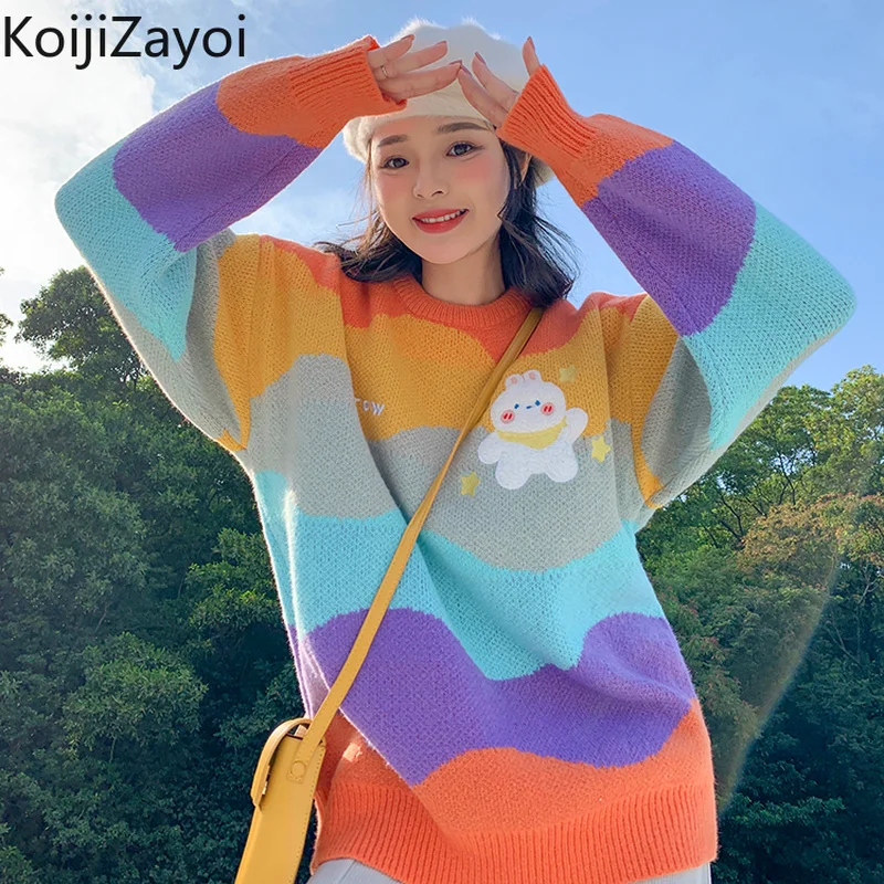 Koijizayoi Rainbow Striped Sweet Sweater Women Autumn Winter Fashion Pullovers Casual Loose Students Kawaii Jumpers O Neck Tops
Koijizayoi Rainbow Striped Sweet Sweater Women Autumn Winter Fashion Pullovers Casual Loose Students Kawaii Jumpers O Neck Tops