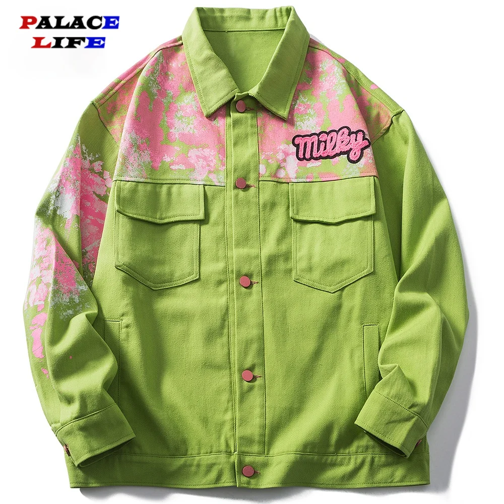 Men Hip Hop Streetwear Denim Jacket Pink Letter Patch Graffiti Green Jackets Coats 2021 Autumn Harajuku Cotton Casual Outwear 
Men Hip Hop Streetwear Denim Jacket Pink Letter Patch Graffiti Green Jackets Coats 2021 Autumn Harajuku Cotton Casual Outwear