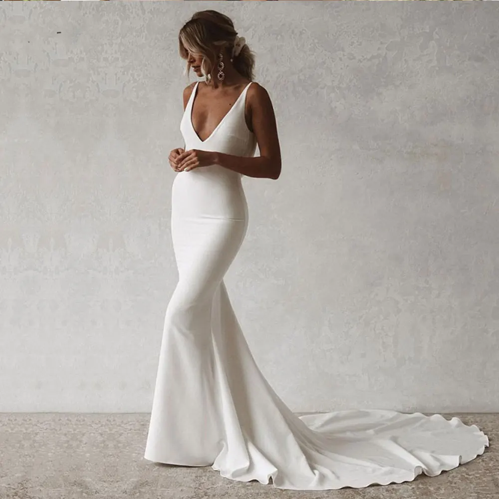 Sexy Mermaid Wedding Dress Deep V Neck Satin Backless Bridal Gown Sleeveless Sweep Train Summer Simple Vestidos De Novia Custom
Sexy Mermaid Wedding Dress Deep V Neck Satin Backless Bridal Gown Sleeveless Sweep Train Summer Simple Vestidos De Novia Custom