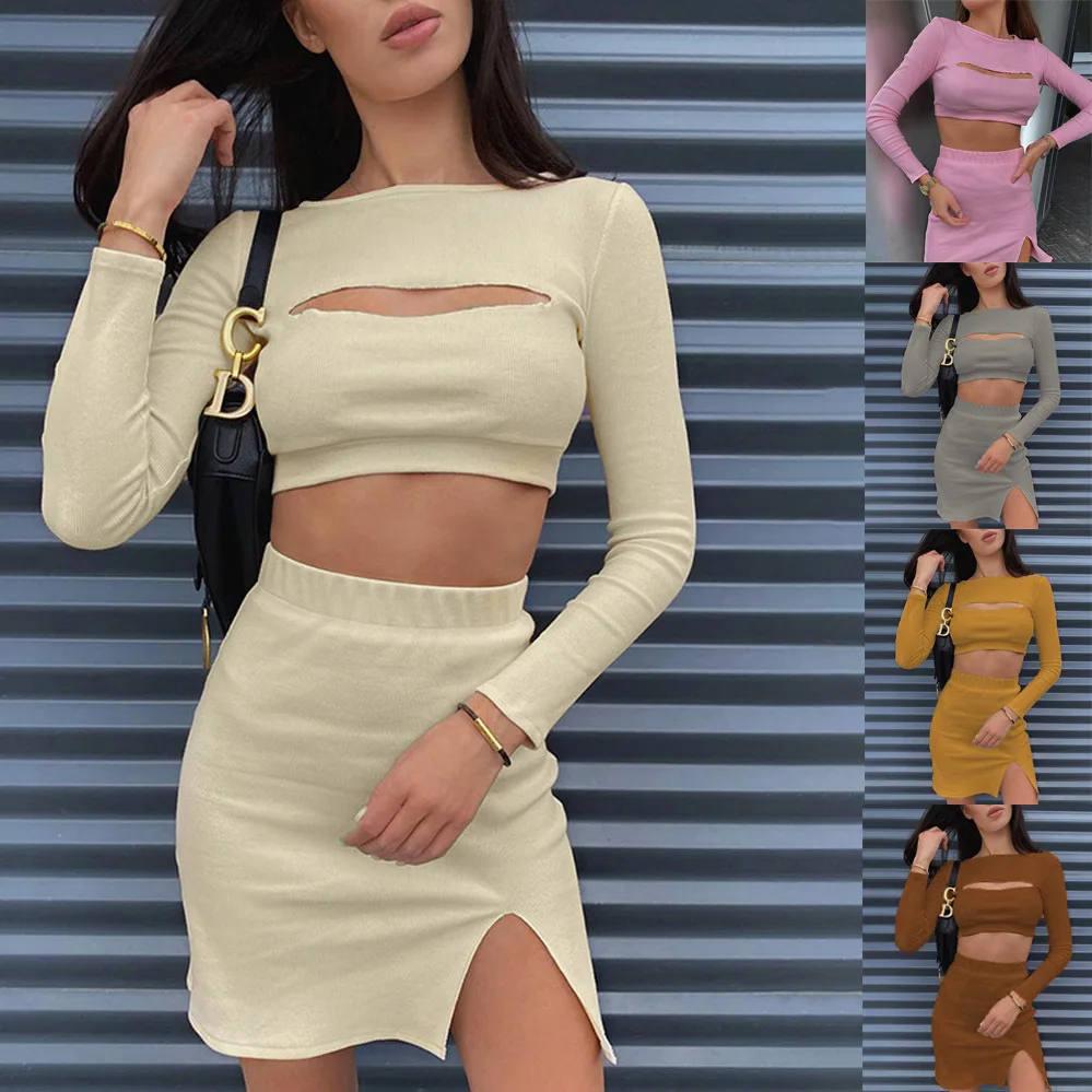 2022 fashion women's new style temperament show chest hollow top split skirt skirt suit
2022 fashion women's new style temperament show chest hollow top split skirt skirt suit