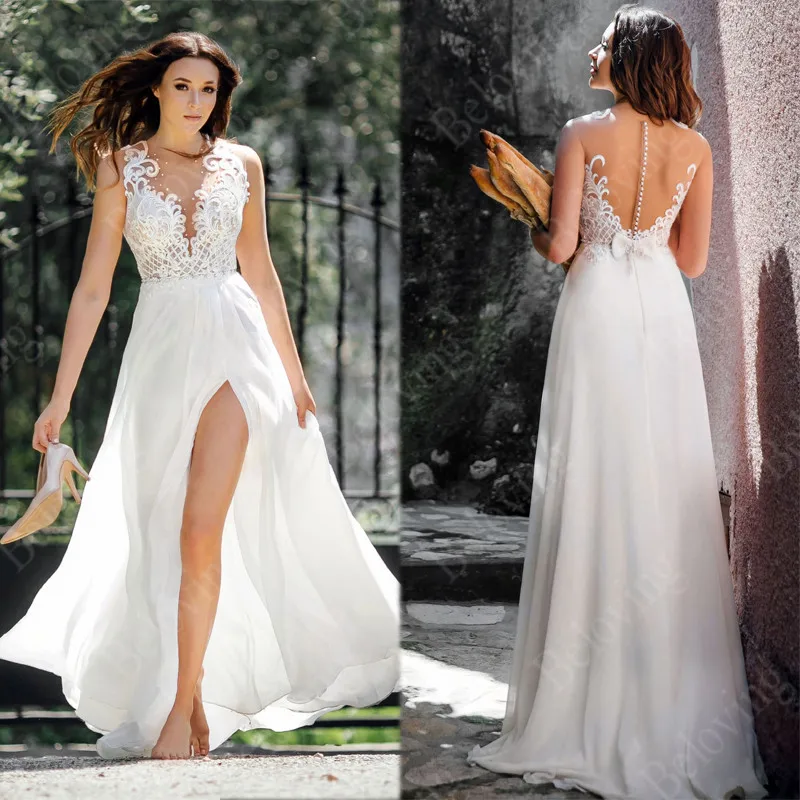 Unique Lace Appliques Wedding Dresses Jewel Neckline Buttons Back Bridal Gowns Sleeveless Beach Bride Dress Vestido De Noiva
Unique Lace Appliques Wedding Dresses Jewel Neckline Buttons Back Bridal Gowns Sleeveless Beach Bride Dress Vestido De Noiva
