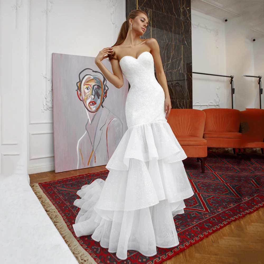 

Elegant Ivory Mermaid Sequined Wedding Dress Sweetheart Tiered Glitter Bridal Gown Zipper Back Brides Dress Vestido De Novia