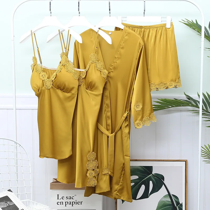 Spring New 4 Pcs Set Pajamas Woman Sexy Ice Silk Long Sleeve With Chest Pad Pyjamas
Spring New 4 Pcs Set Pajamas Woman Sexy Ice Silk Long Sleeve With Chest Pad Pyjamas