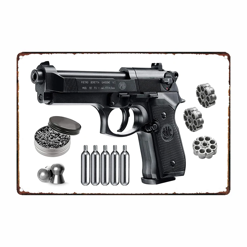 Beretta M92Fs Blowback Air Gun with 5X12 Co2 Tanks and Pack Wall Stickers Metal Sign Wall Decor Man Cave Decoration Iron Plaque
Beretta M92Fs Blowback Air Gun with 5X12 Co2 Tanks and Pack Wall Stickers Metal Sign Wall Decor Man Cave Decoration Iron Plaque