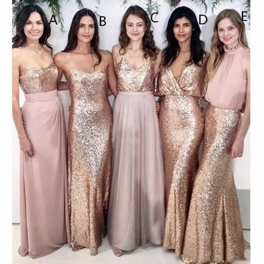 

Modest Blush Pink Bridesmaid Dresses Beach Wedding with Rose Gold Sequin Mismatched Wedding Maid of Honor Gowns Women Party Form