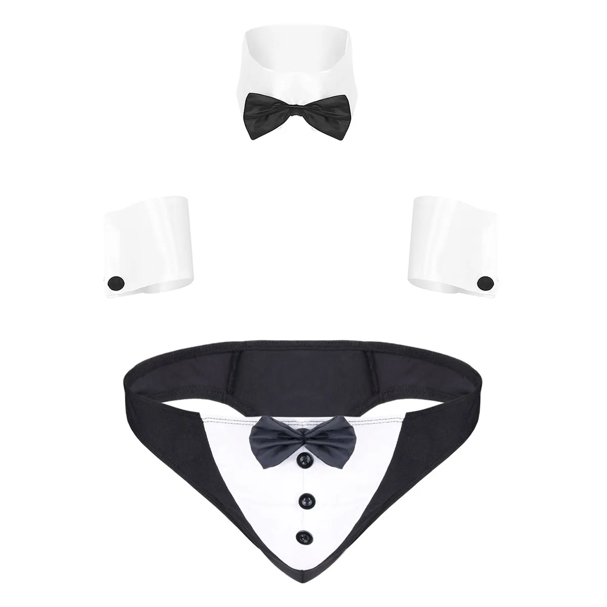 

Men Roleplay Costume Lingerie Set Triangle Bowknot Buttons Briefs Underwear with Collar and Cuffs for Honeymoon Valentine Day