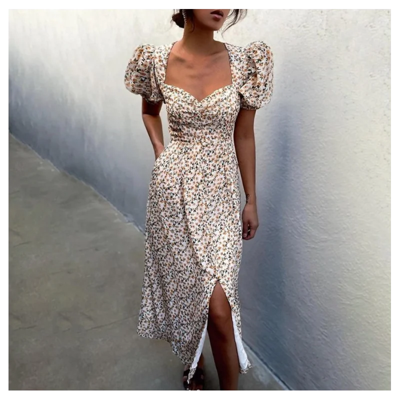 Женское платье с коротким рукавом и V-образным вырезом, средней длины 
Женское платье с коротким рукавом и V-образным вырезом, средней длины