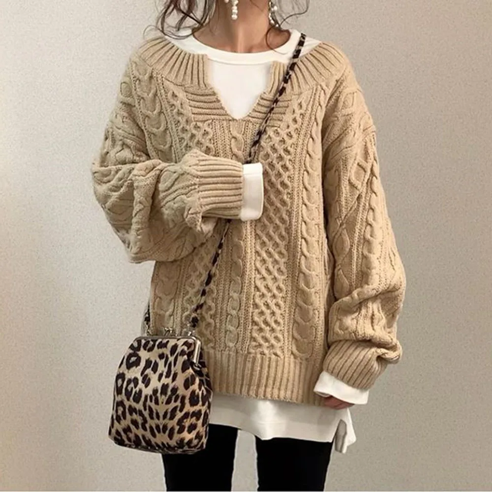 Autumn And Winter Knitted Sweater Twist Pattern Loose Casual Ladies Sweater V-neck Long-sleeved Pullover Lazy Style Sweater Coat
Autumn And Winter Knitted Sweater Twist Pattern Loose Casual Ladies Sweater V-neck Long-sleeved Pullover Lazy Style Sweater Coat