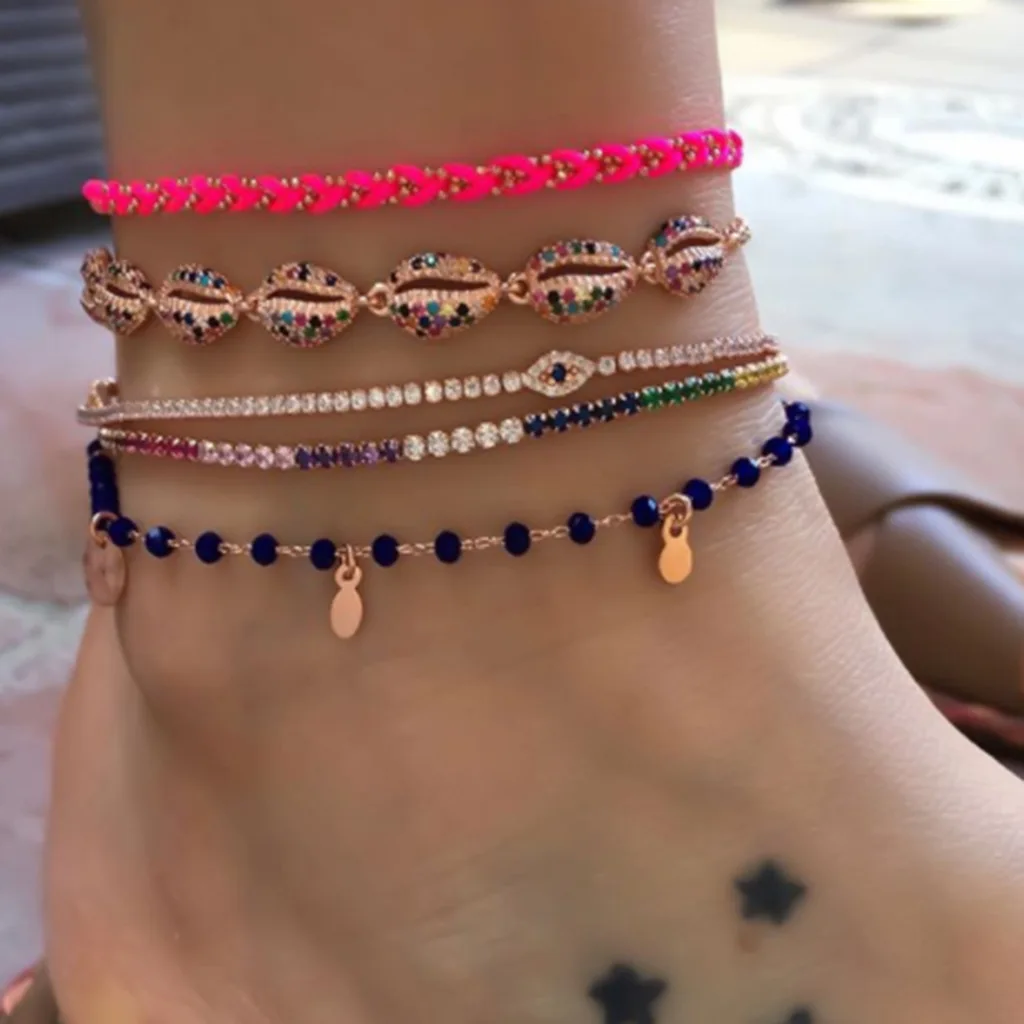 

HI MAN 4 Pcs/Set Nordic Mixed Colorful Crystal Shell Small Round Beads Anklet Women Noble Elegant Anniversary Gift Jewelry