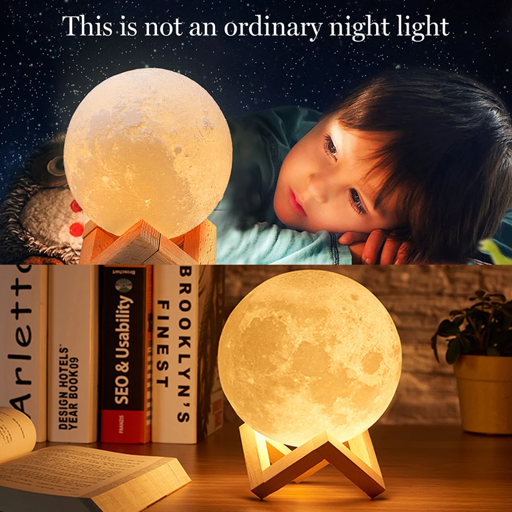 

Лампа 3D в форме Луны, ночник с аккумулятором и сенсорным управлением, красивый чувствительный светильник ильник с деревянной подставкой, 2 ц...