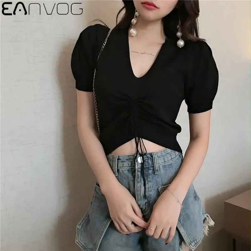 2021 Summer Women Sexy Knitted Cotton Short Sleeve Drawstring T-shirt Pullover Crop Top Tees Solid Black Top Tees T-shirts Women
2021 Summer Women Sexy Knitted Cotton Short Sleeve Drawstring T-shirt Pullover Crop Top Tees Solid Black Top Tees T-shirts Women