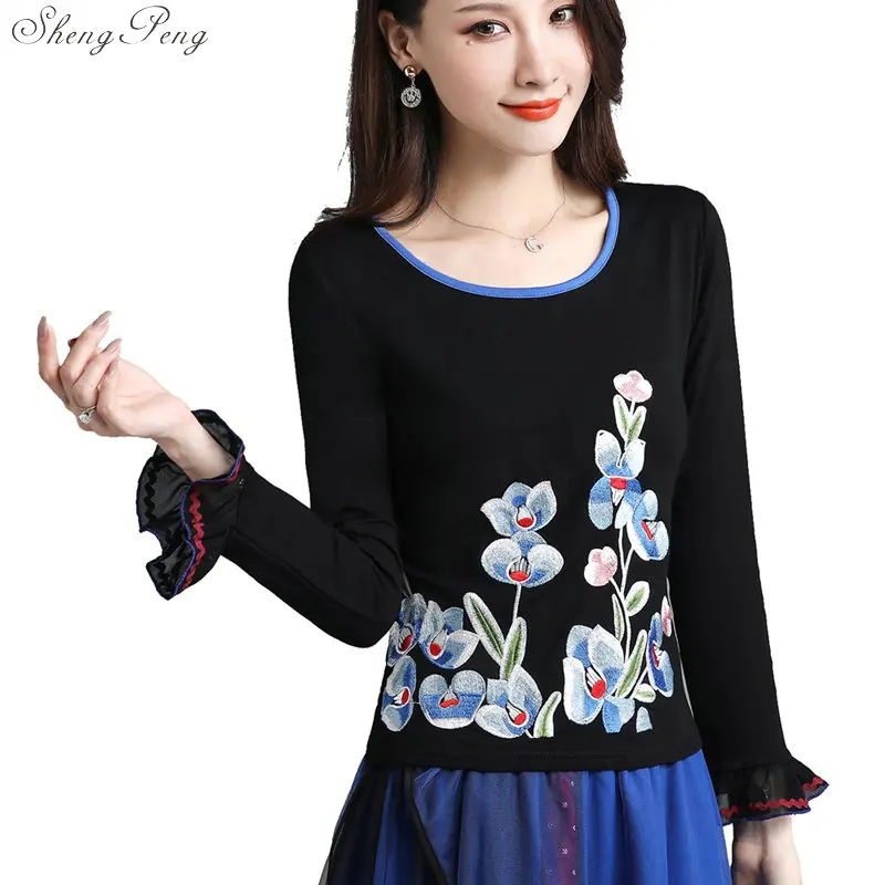 Весна Осень женская футболка Вышивка 2019 Blusas длинный рукав 5XL плюс Размер