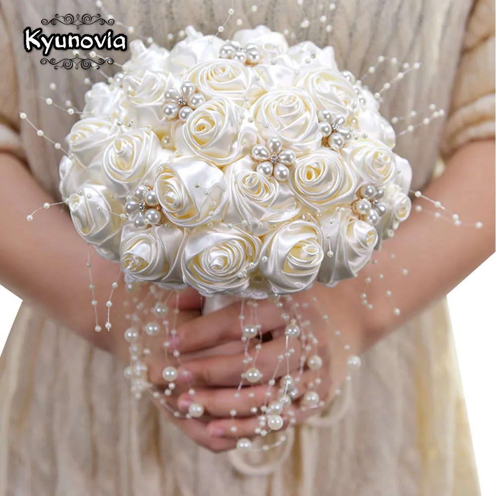 

Beautiful In Stock Ivory Ribbon Flowers Stunning Pearls Beaded Bridal Bouquet Bridesmaid Wedding Bouquets ramo de novia BY53