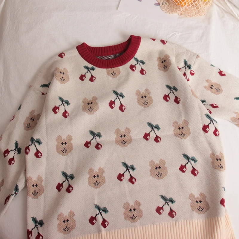 Japanese Spring and Autumn Girl Sweet Cherry Bear Round Neck Pullover Sweater Harajuku Loose Knitted Sweater Plus Size
Japanese Spring and Autumn Girl Sweet Cherry Bear Round Neck Pullover Sweater Harajuku Loose Knitted Sweater Plus Size