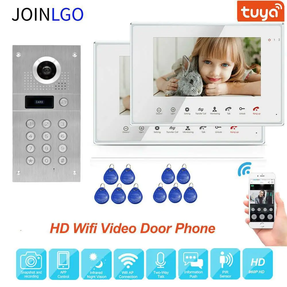 

WIFI 720P AHD 7" Record Video Door Phone Home Intercom Doorbell System RFID Code Keypad IR Camera Phone Remote Unlock 2 Screens