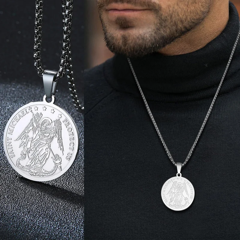 Мужская медаль SAINT MICHAEL PROTECT US NEKLACE 24 дюйма из нержавеющей стали | Украшения и
