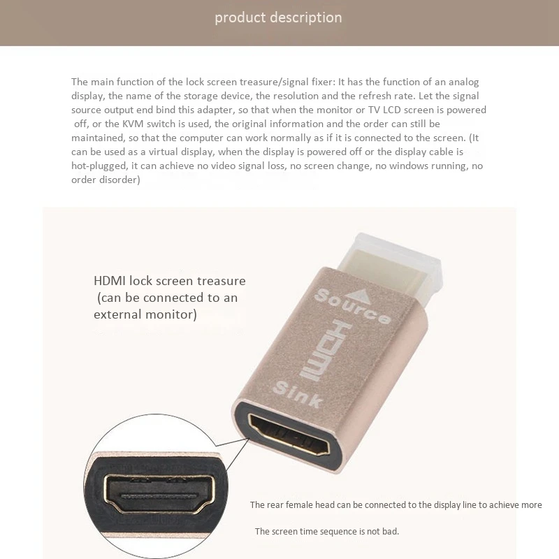 Lock Screen Signal Holder KVM HDMI2.0 Virtual Adapter EDID DDC Dummy Plug for HDMI Display Emulator Up to 3840X2160
Lock Screen Signal Holder KVM HDMI2.0 Virtual Adapter EDID DDC Dummy Plug for HDMI Display Emulator Up to 3840X2160
