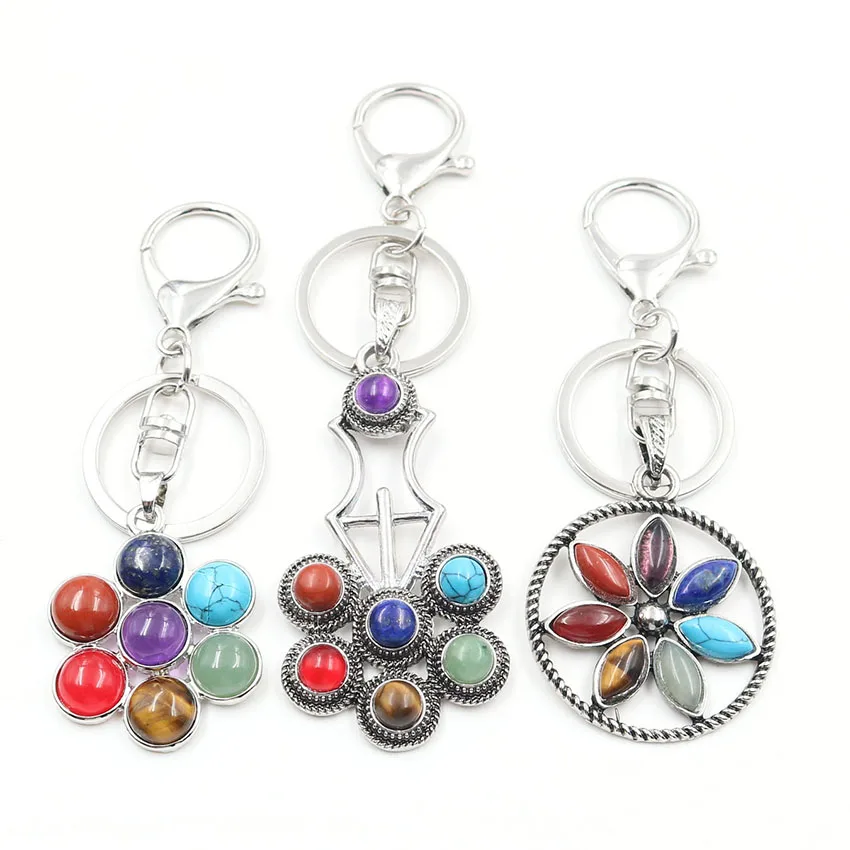 

FYSL Silver Plated Circle Flower with Many Colors Small Stone Beads Key Chain Healing Chakra Metaphysical Jewelry