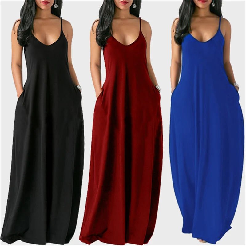 2021 Women Sexy Spaghetti Straps Dresses Summer V-neck Sleeveless Pockets Loose Maxi Dress Lady Solid Color Backless Beach Dress
2021 Women Sexy Spaghetti Straps Dresses Summer V-neck Sleeveless Pockets Loose Maxi Dress Lady Solid Color Backless Beach Dress