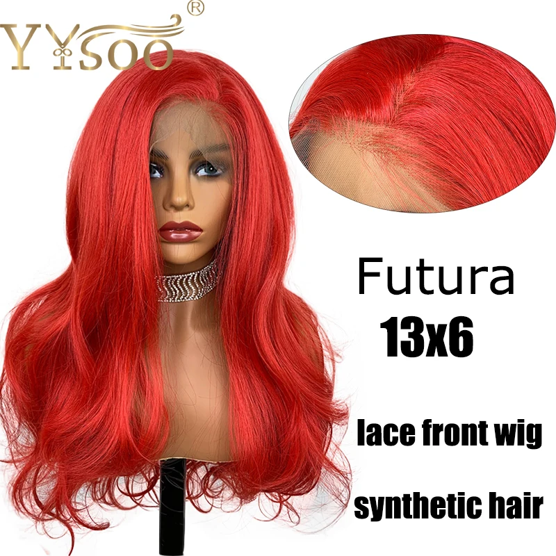 YYsoo 13X6 Lace Front Wigs for Women Frontal Japanese Futura Fiber Hair Synthetic Long Body Wave Red color Daily Use | Шиньоны и парики