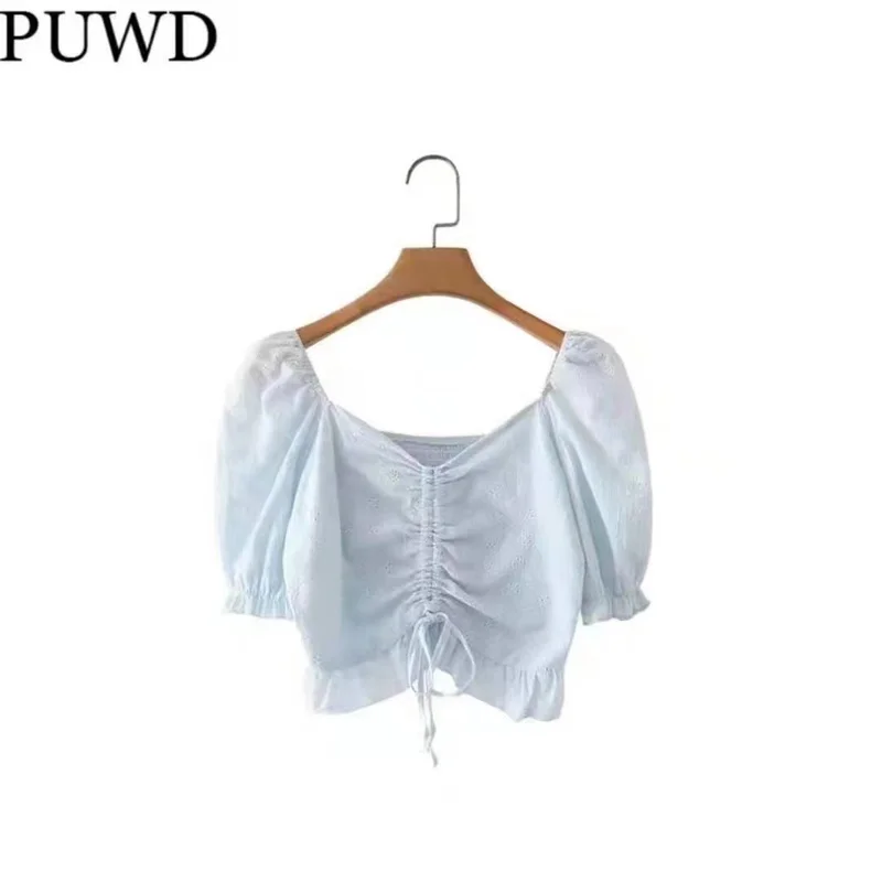 PUWD Women Blue Holliw Out Blouses 2022 Spring Fashion Ladies Casual Puff Sleeve Elegant Shirt Female Fabala Drawstring Tops
PUWD Women Blue Holliw Out Blouses 2022 Spring Fashion Ladies Casual Puff Sleeve Elegant Shirt Female Fabala Drawstring Tops