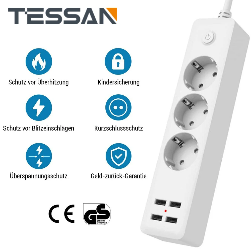 TESSAN EU Plug Power Strip with 4 USB Charging Ports 3 AC Outlets and 1.5M/5ft Long Extension Cord Multi Outler Extender Socket
TESSAN EU Plug Power Strip with 4 USB Charging Ports 3 AC Outlets and 1.5M/5ft Long Extension Cord Multi Outler Extender Socket